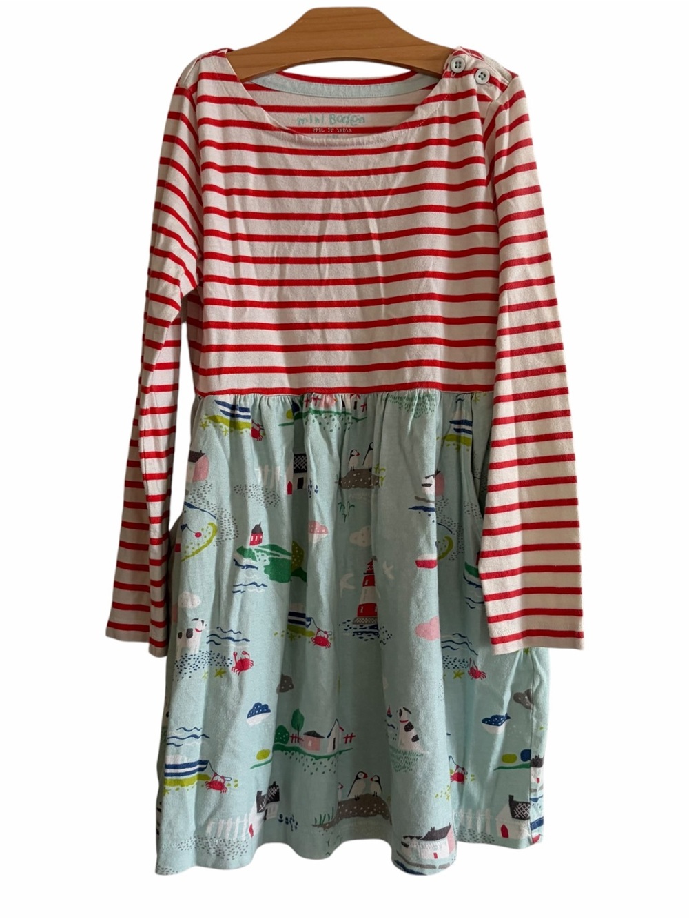 Mini Boden Red Stripe & Light Blue Scenic Print Long Sleeve Kids Dress